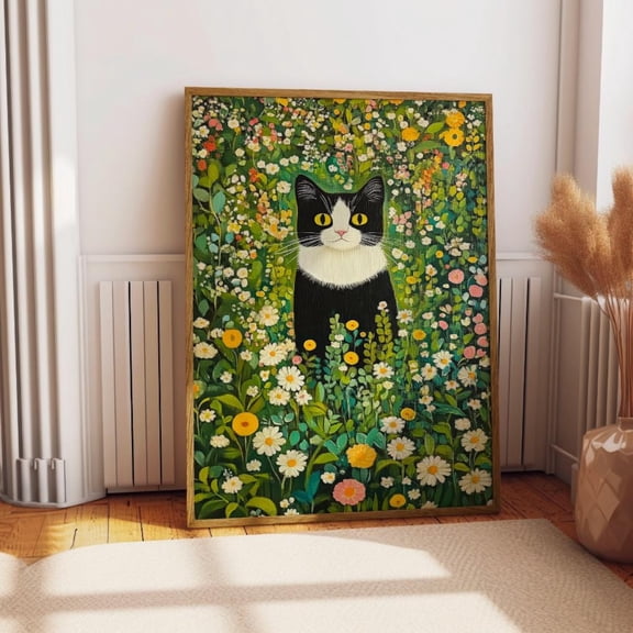Gustav Klimt,Inspired Art, Black & White Cat Floral Poster, Living Room, Bedroom, Office, Garden Cozy Decor, Whimsical Kitty Poster, 8x12 UNFRAMED