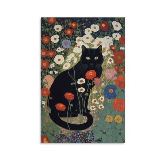 Gustav Klimt-Inspired Black Cat in Floral Garden Print - Digital Download for Cat Lovers Picture Print Canvas Poster Wall Paint Art Posters Decor Modern Home Artworks Gift 24x36inch(60x90cm)