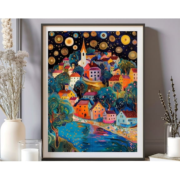 Gustav Klimt Inspired Landscape Print, Gustav Klimt Night Sky Poster, Mural Moon Night Sky Cozy Modern Home Decor, Klimt Moon Stars Tree Art Wall Art, Modern Wall Decor, 16x24 UNFRAMED