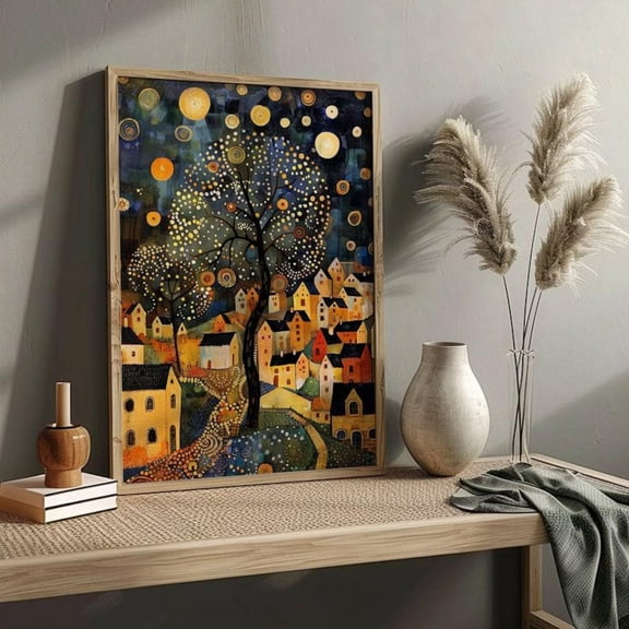Gustav Klimt Inspired Landscape Wall Art Print, Moon Night Decor