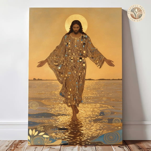 Gustav Klimt Jesus Walking On Water Christian Wall Art, Golden Halo Inspirational Spiritual Religious Art