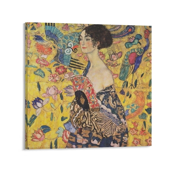 Gustav Klimt Lady with A Fan Fan Prints Wall Art Poster Canvas Wall Art Poster Decorative Bedroom Modern Home Print Picture Artworks Posters 28x28inch(70x70cm)