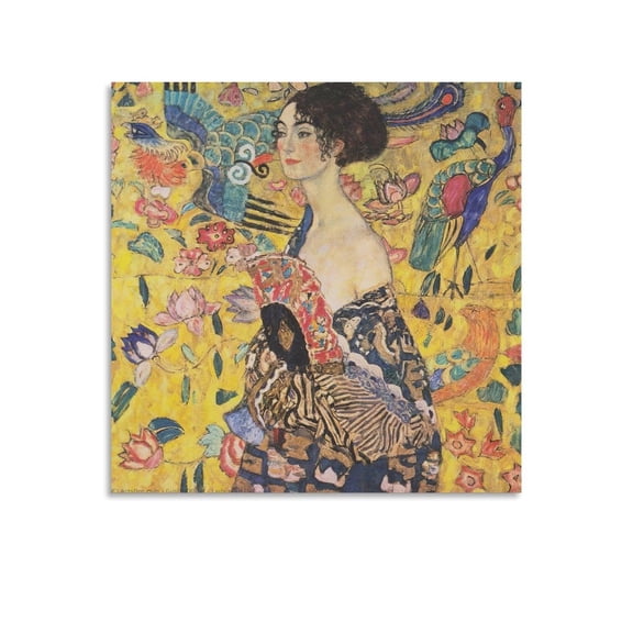 Gustav Klimt Lady with A Fan Fan Prints Wall Art Poster Picture Print Canvas Poster Wall Paint Art Posters Decor Modern Home Artworks Gift 16x16inch(40x40cm)