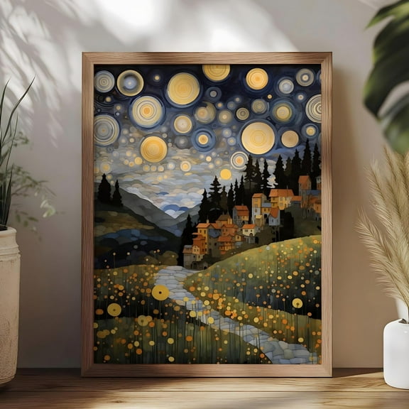Gustav Klimt Print, Gustav Exhibition Poster, Gustav Klimt Village Night Artwork, Small Town Night Wall Art, Moon Art Wall Art, Modern Wall Decor, 16x24 UNFRAMED
