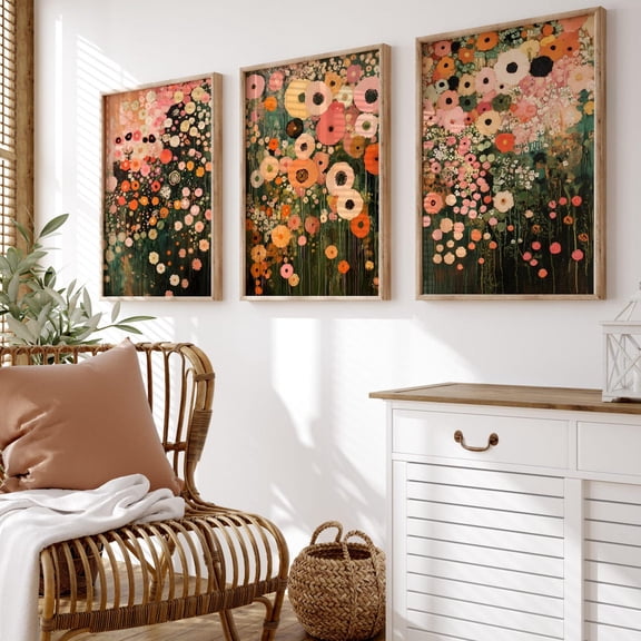 Gustav Klimt Style Abstract Colorful Wildflower Meadow Prints Modern Floral Set 3 Stretched Canvas 8x12