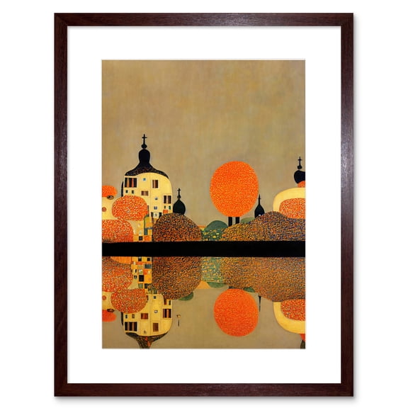Gustav Klimt Style Autumn Lakeside Town Church Reflection Artwork Framed Wall Art Print 9X7 Inch