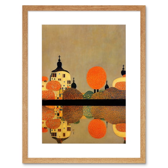 Gustav Klimt Style Autumn Lakeside Town Church Reflection Artwork Framed Wall Art Print 9X7 Inch