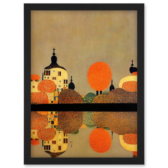 Gustav Klimt Style Autumn Lakeside Town Church Reflection Artwork Framed Wall Art Print A4