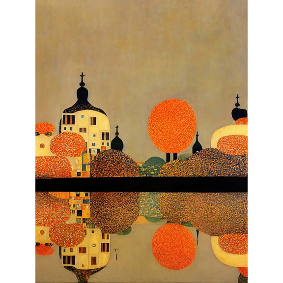 Gustav Klimt Style Autumn Lakeside Town Church Reflection Extra Large XL Wall Art Poster Print