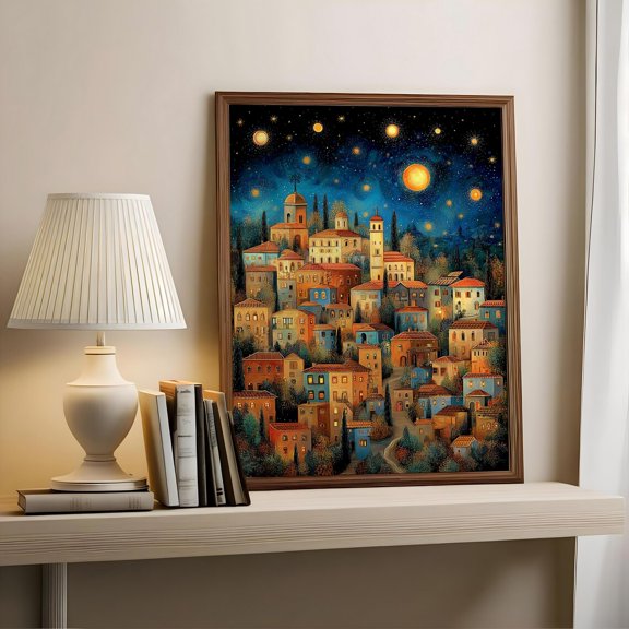 Gustav Klimt Village Night Celestial Sky Red Rooftops, Unframed Canvas