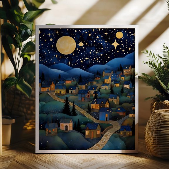 Gustav Klimt Village Night Landscape Print, Gustav Exhibition Poster, Gustav Klimt Artwork, Small Town Night Moon Wall Art Wall Art, Modern Wall Decor, 16x24 UNFRAMED