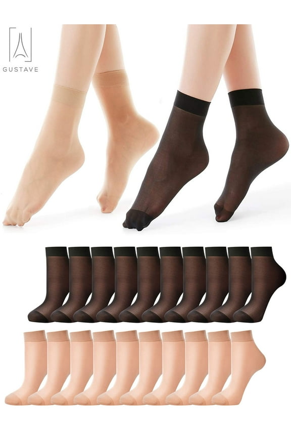 10 Pairs Women Nylon Elastic Short Ankle High Sheer Stockings Silk Short Socks Lady's Hosiery, Black+Beige