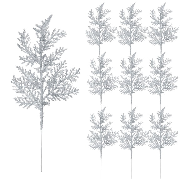 Gustave 10 Pcs Artificial Christmas Glitter Pine Leaves Picks Needles Simulated Tree Stems Branches for Xmas Tree Garland Wreath Wedding Holiday Decorations "Silver"
