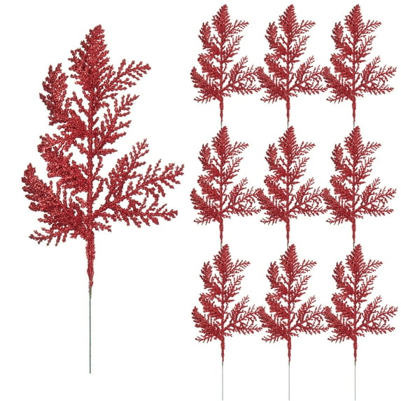 Gustave 10 Pcs Artificial Christmas Glitter Pine Leaves Picks Needles Simulated Tree Stems Branches for Xmas Tree Garland Wreath Wedding Holiday Decorations "Red"
