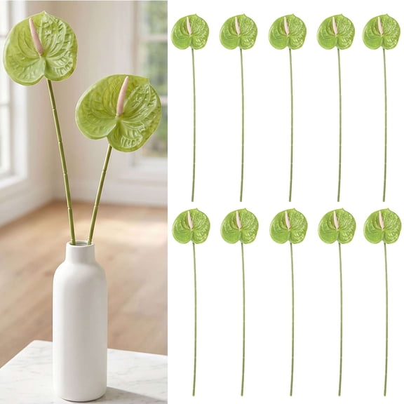 Gustave 10PCS Artificial Anthurium Flowers, 24.4" Long Stem Faux Flamingo Flowers for Vase Table Centerpiece Arrangement Wedding Party Home Decoration(Green)