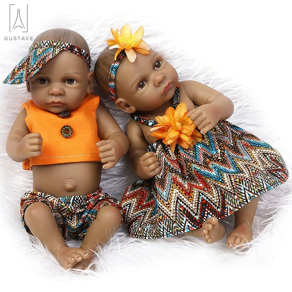 Gustave 11 Inch 2Pcs Mini Black Reborn Baby Doll Full Body Silicone Vinyl  Newborn Doll Lifelike Black Twins Baby For 3+ Boy & Girl