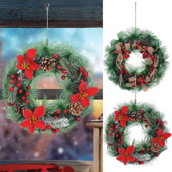 Gustave 12.6in Artificial Christmas Wreath Hanging Pine Needle Wreath with Pine Cone, Red Berry and Bow Ornament for Front Door Holiday Xmas Decor