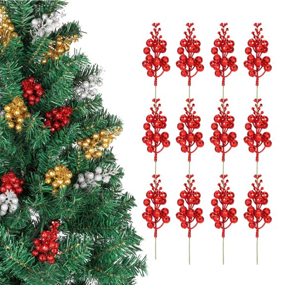Gustave 12 Pack Glitter Berry Stems Artificial Christmas Picks, 8 inch Fake Berries Branches for Xmas Tree Wreath Ornaments Wedding Holiday Home Decor - Red