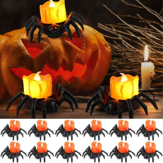 Gustave 12 Pack Halloween LED Flameless Tea Lights Spider Candle Holder Lantern Lights Battery Operated Pumpkin Tealight for Home Party Spooky Decoration