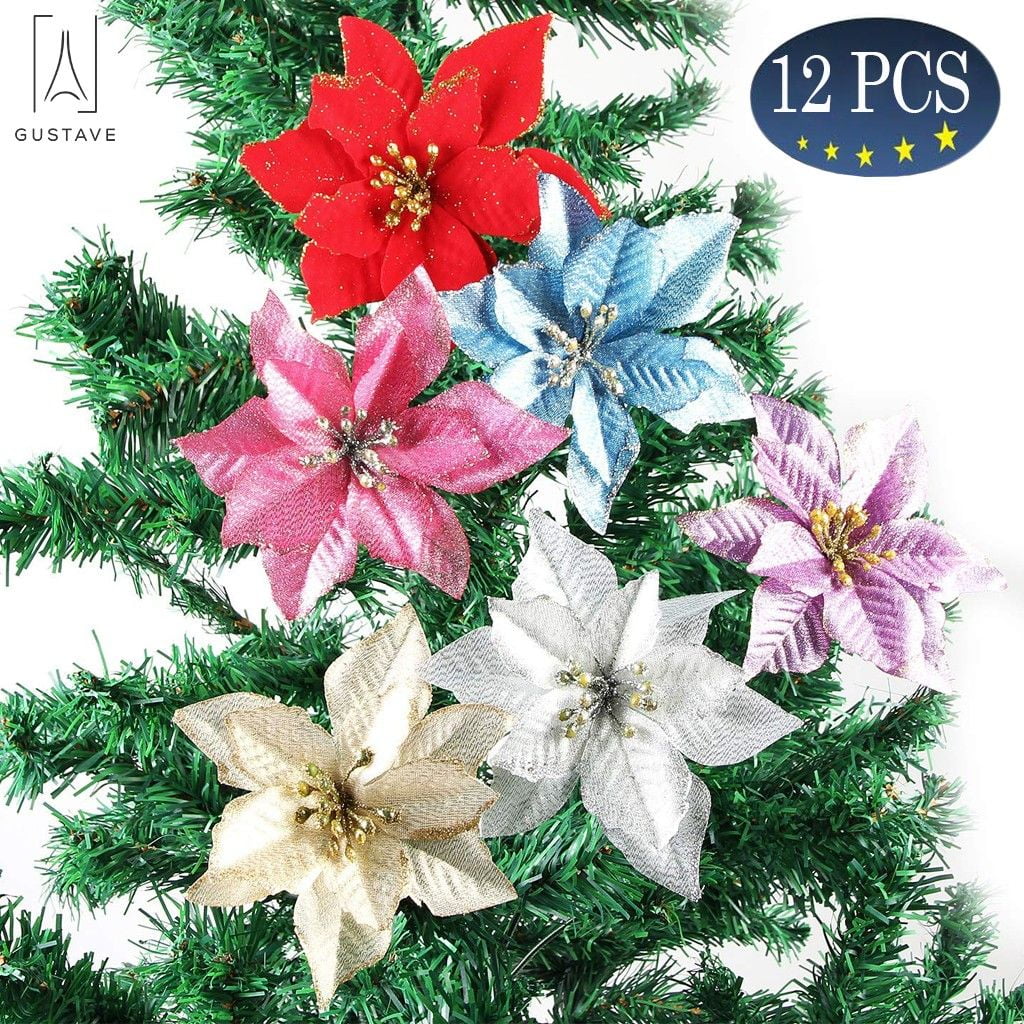 Gustave 12Pcs 5.91" Christmas Glitter Artificial Flowers XMAS Tree