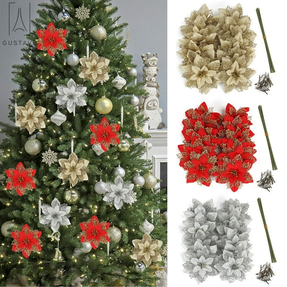 Gustave 12Pcs Christmas Glitter Poinsettia Artificial Flowers Christmas Wreath Tree Decor Xmas Party Ornaments Garlands DIY with Clips and Stems, 6.3 inch
