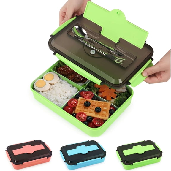 Gustave 1400ML Bento Lunch Box Containers for Adult, Reusable Leakproof Lunchbox Food Storage Box with 4 Compartments & Stainless Steel Fork Spoon "Green"