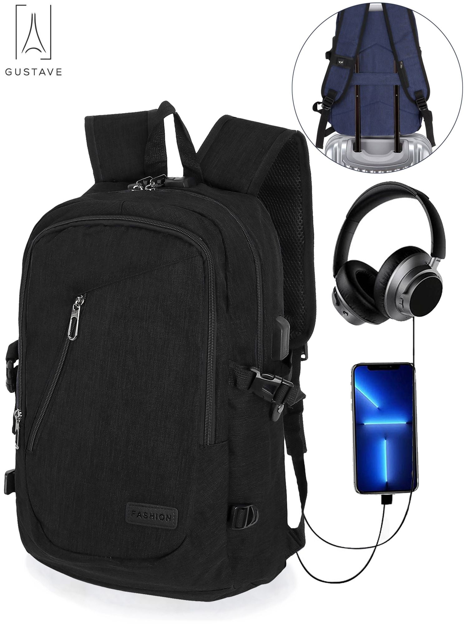 Gustave 15.6 Inch Anti Theft Laptop Backpack Large Capacity Waterproof Travel Daypack Business Computer Bag for Women Men with USB Charging Port "Black"