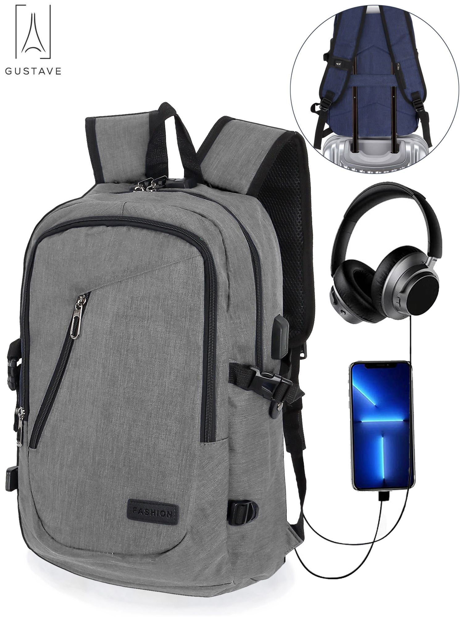 Gustave 15.6 Inch Anti Theft Laptop Backpack Large Capacity Waterproof Travel Daypack Business Computer Bag for Women Men with USB Charging Port "Gray"