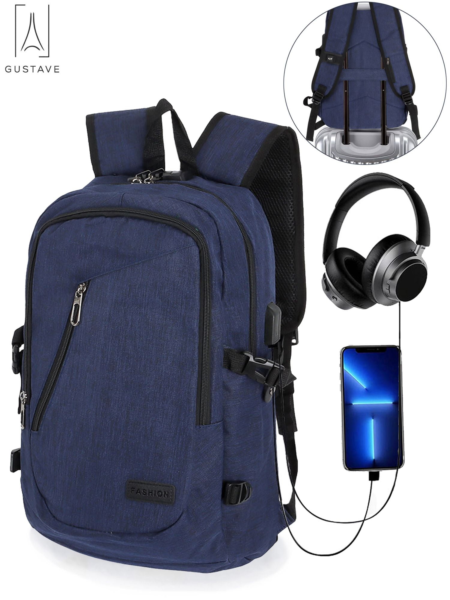 Gustave 15.6 Inch Anti Theft Laptop Backpack Large Capacity Waterproof Travel Daypack Business Computer Bag for Women Men with USB Charging Port "Blue"