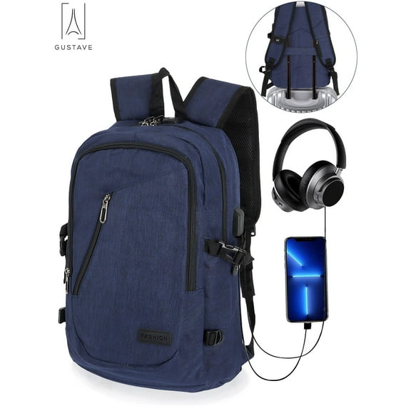 Gustave 15.6 Inch Anti Theft Laptop Backpack Large Capacity Waterproof Travel Daypack Business Computer Bag for Women Men with USB Charging Port "Blue"