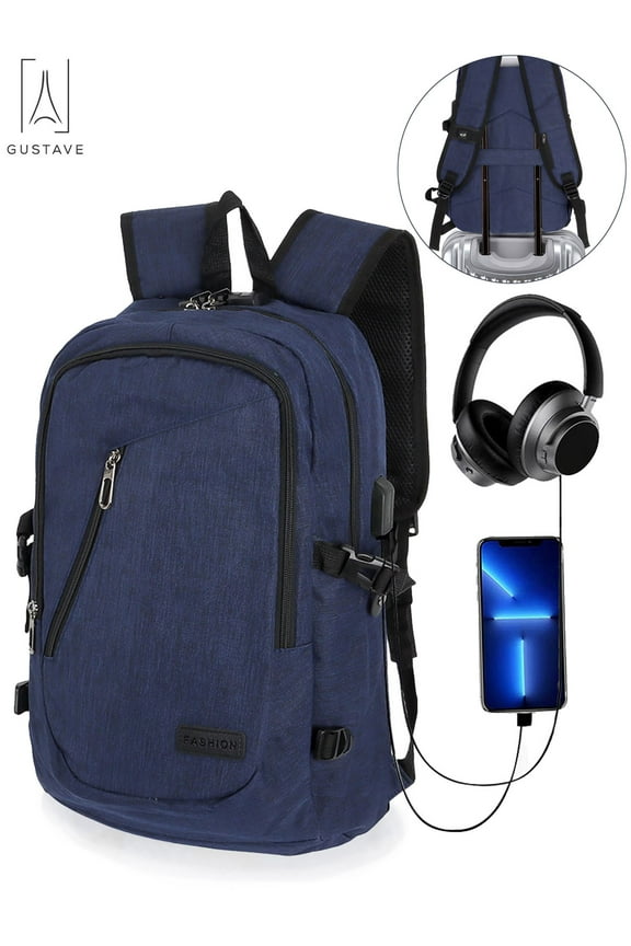 15.6 Inch Anti Theft Laptop Backpack Large Capacity Waterproof Travel Daypack Business Computer Bag for Women Men with USB Charging Port "Blue"