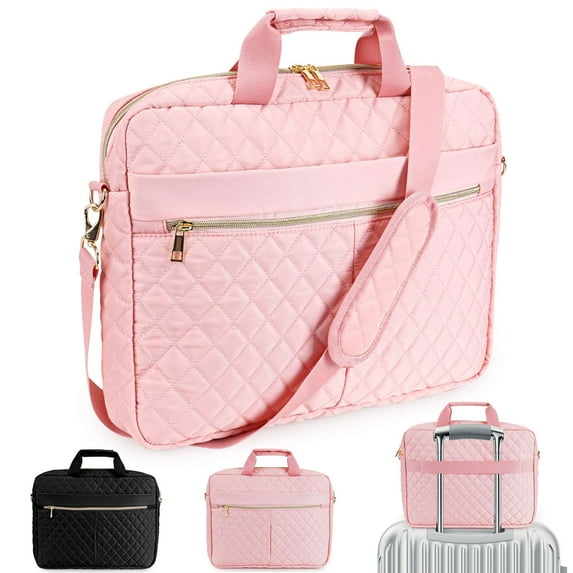 Gustave 15.6 inch Laptop Bag for Women Men Quilted Computer Briefcase Messenger Bags Large Laptop Case Handbag with Shoulder Strap for Work Office Business Travel - Pink