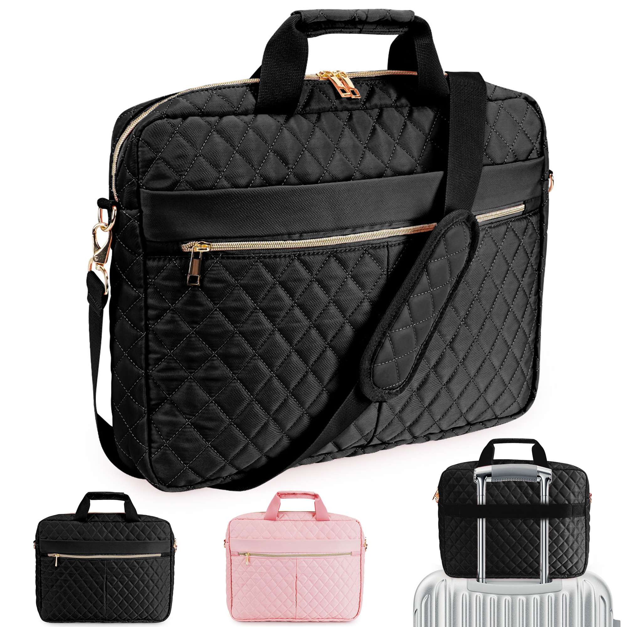 Gustave 15.6 inch Laptop Bag for Women Men Quilted Computer Briefcase Messenger Bags Large Laptop Case Handbag with Shoulder Strap for Work Office Business Travel - Black