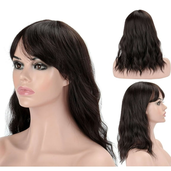 Gustave 16Inch Curly Bob Wigs with Bangs for Women Black Wavy Wigs Shoulder Length Human Hair Wigs Natural Looking Synthetic Heat Resistant Wigs for Daily Cosplay Party