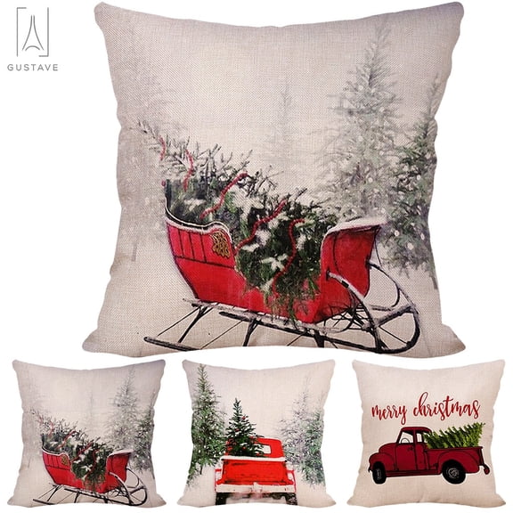 Gustave 18 X 18 Inches Merry Christmas Pillowcases Vintage Red Truck Soft Linen Pillow Case Cushion For Sofa Car Home Decor "Style A"