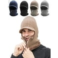 thumbnail image 1 of Gustave 2 In 1 Men Winter Warm Balaclava Beanie Hat with Fleece Lining Zipper Neck Scarf Warmer Ear Protector Knitting Stripes Hat and Scarf Conjoined Set "Khaki", 1 of 9