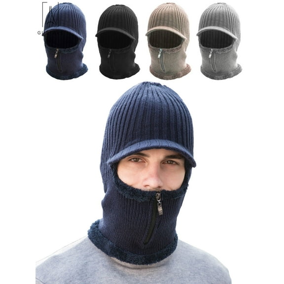 Gustave 2 In 1 Men Winter Warm Balaclava Beanie Hat with Fleece Lining Zipper Neck Scarf Warmer Ear Protector Knitting Stripes Hat and Scarf Conjoined Set "Navy"