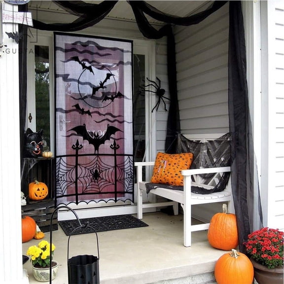 Gustave 2/1pcs Halloween Lace Curtains Spider Web Bats Black Window Curtain Door Curtain Panel Decor for Spooky Halloween Holiday Party, 40 x 84 inch
