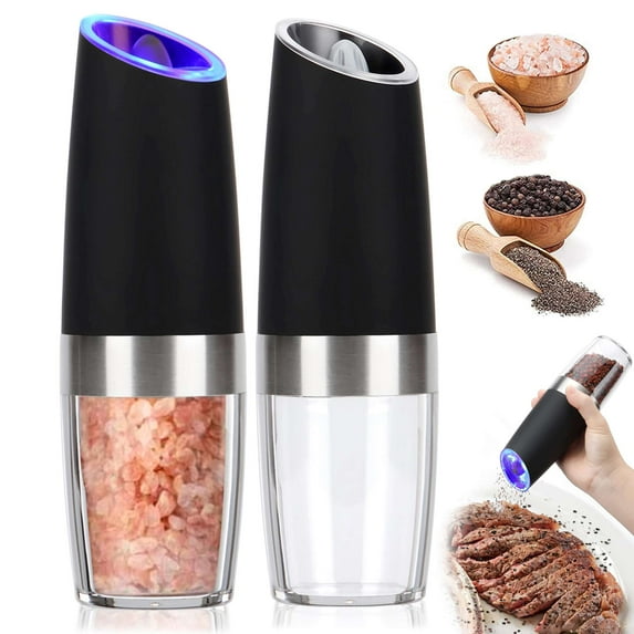Gustave 2 Pack Gravity Electric Pepper and Salt Grinder Set Battery Operated Automatic Pepper Salt Mill Grinders with LED Light, Adjustable Coarseness