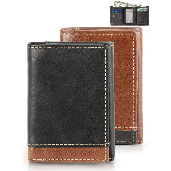 Gustave 2 Pack Men's Leather Trifold Wallets RFID Blocking Zipper Slim Wallet Purse with Credit Card Holder Slots, ID Window - Black & Brown