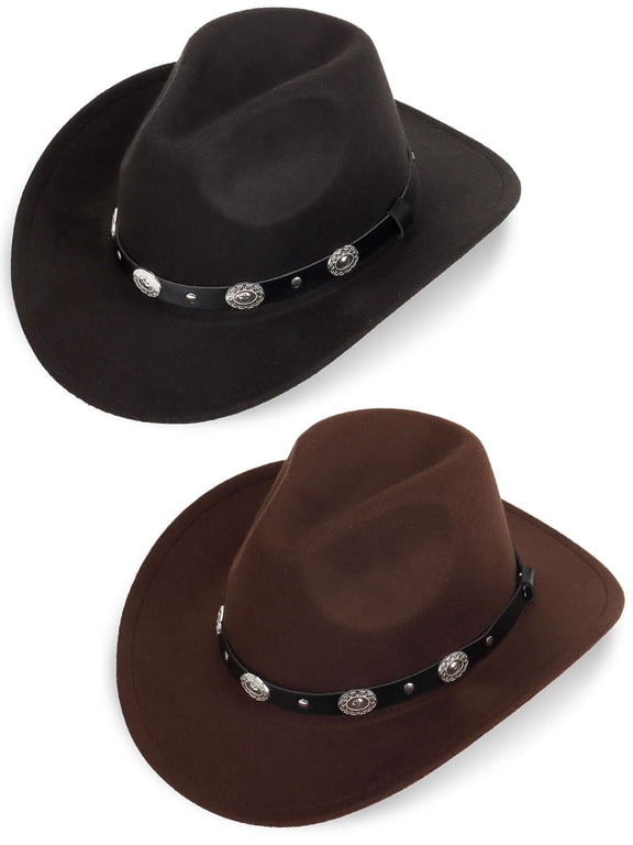 2 Pack Western Cowboy Hat for Women Men, Unisex Vintage Wide Brim Felt Fedora Hat with Belt Buckle for Cowgirls Cowboys