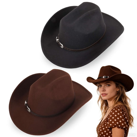 Gustave 2 Pack Western Felt Cowboy Hat Wide Brim Fedora for Men Women Classic Cowgirl Hat with Buckle Belt