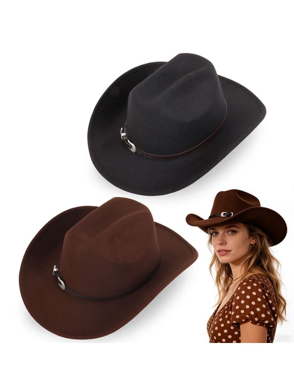 2 Pack Western Felt Cowboy Hat Wide Brim Fedora for Men Women Classic Cowgirl Hat with Buckle Belt