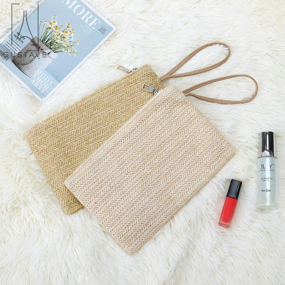 Gustave 2 Pack Women Fashion Handmade Straw Clutch Bag Zipper Wristlet Purse Beach Handbag Bohemian Straw Knitted Bag, Khaki+Beige