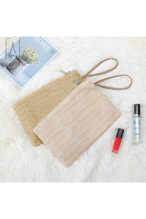 2 Pack Women Fashion Handmade Straw Clutch Bag Zipper Wristlet Purse Beach Handbag Bohemian Straw Knitted Bag, Khaki+Beige