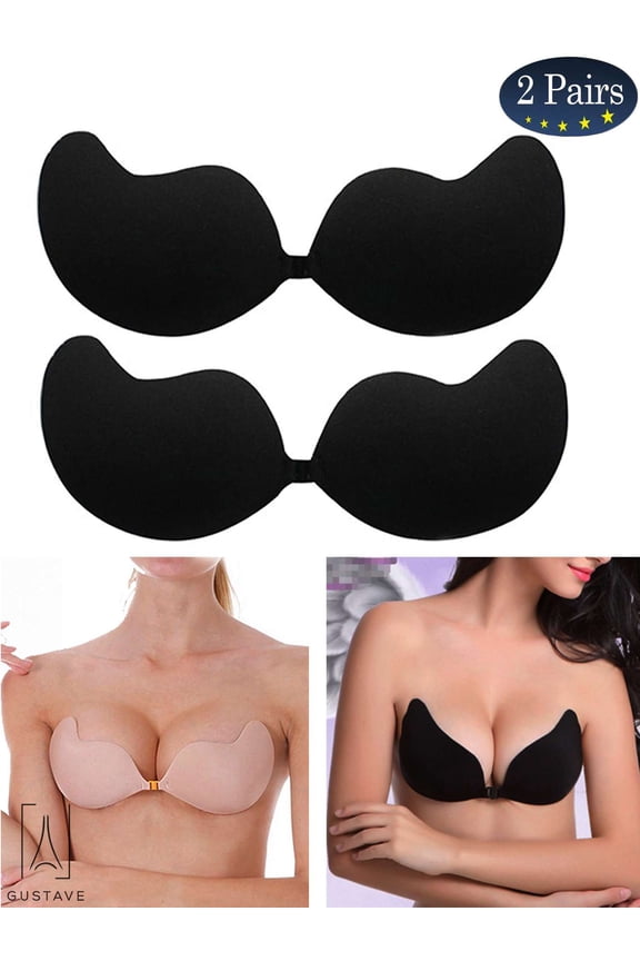 2 Pack Women Push Up Strapless Invisible Bra Backless Adhesive Sexy Seamless Bra Breast Life Nipple Cover "A Cup,Black"