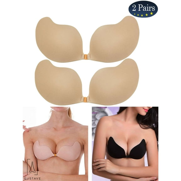 Gustave 2 Pack Women Push Up Strapless Invisible Bra Backless Adhesive Sexy Seamless Bra Breast Life Nipple Cover "C Cup,Skin"