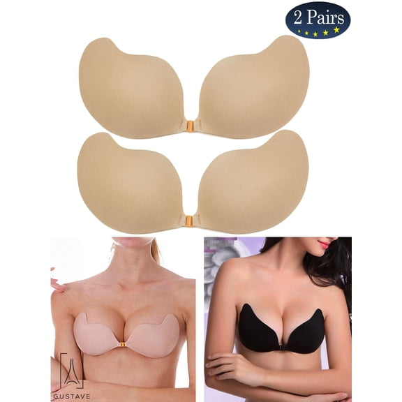 Gustave 2 Pack Women Push Up Strapless Invisible Bra Backless Adhesive Sexy Seamless Bra Breast Life Nipple Cover "D Cup,Skin"