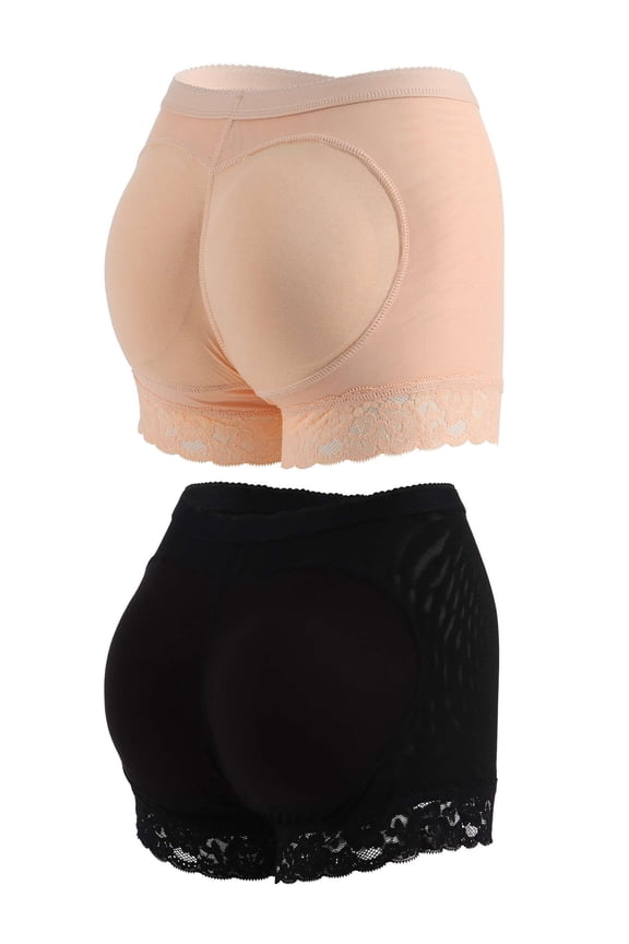 2 Pack Women Seamless Butt Lifter Padded Control Panties Hip Enhancer Shaper Lace Underwear "Black & Beige, M"