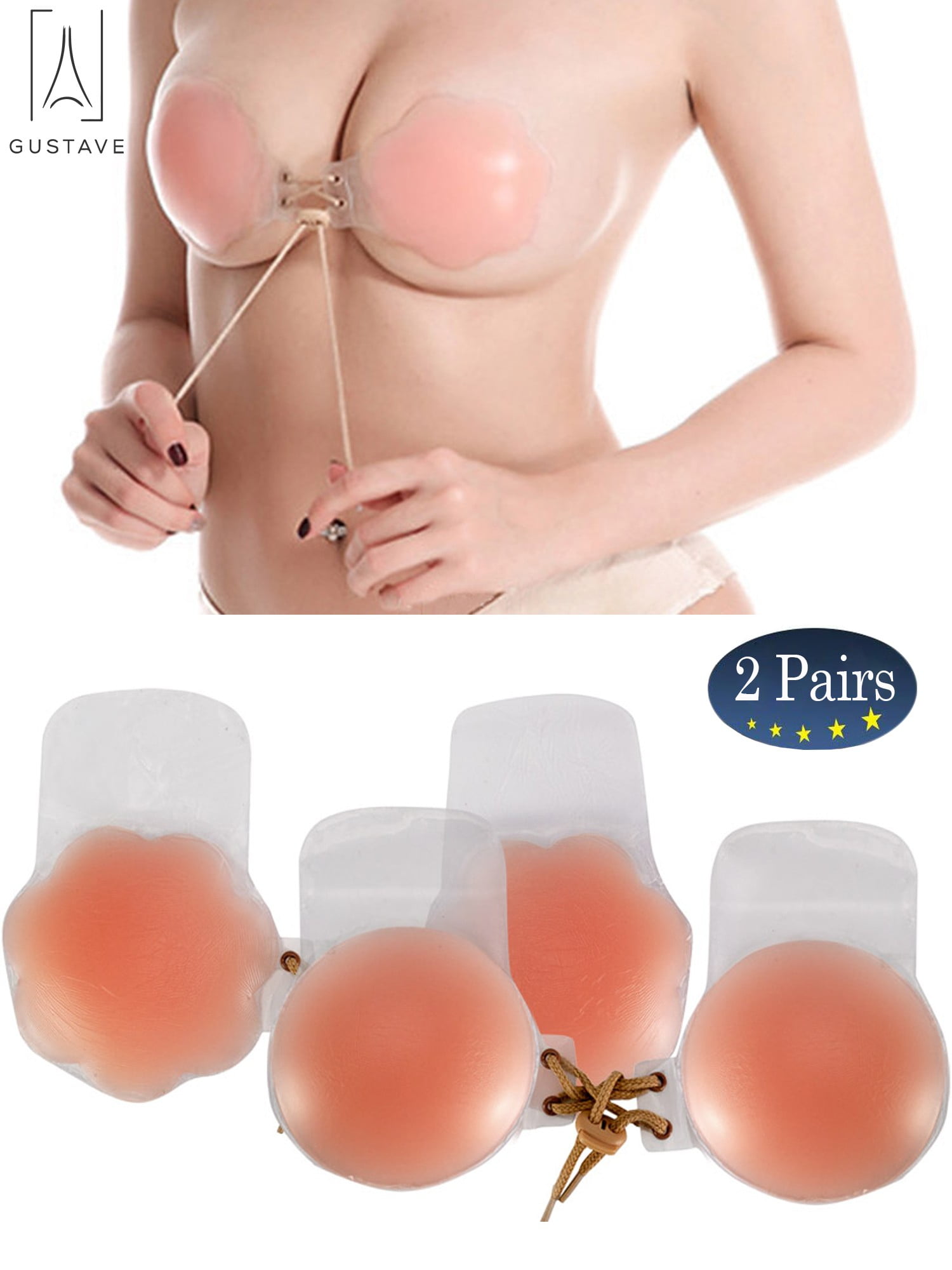 Gustave Invisible Bras for Women Push Up Strapless Self Adhesive Deep U  Plunge Bra Silicone Backless underwear Beige, Cup A 